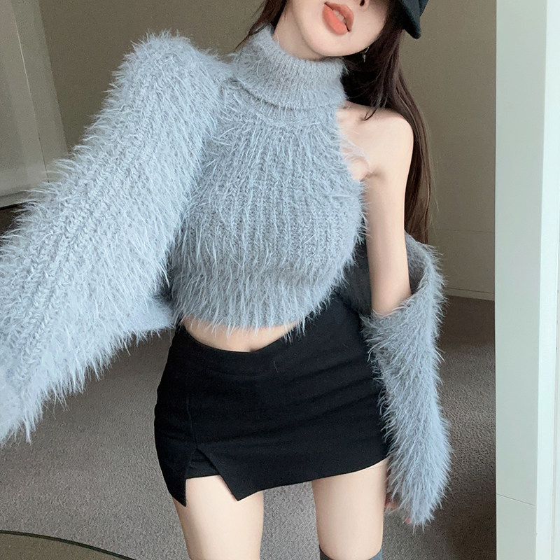 毛绒白色毛衣外套女秋季小个上衣宽松针织开衫百搭保暖短款披肩上