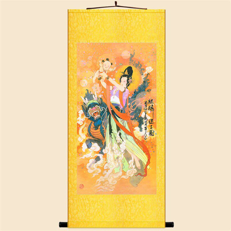 麒麟送子图 仙女童子人物神像画绢布卷轴挂画 卧室复古装饰画定制
