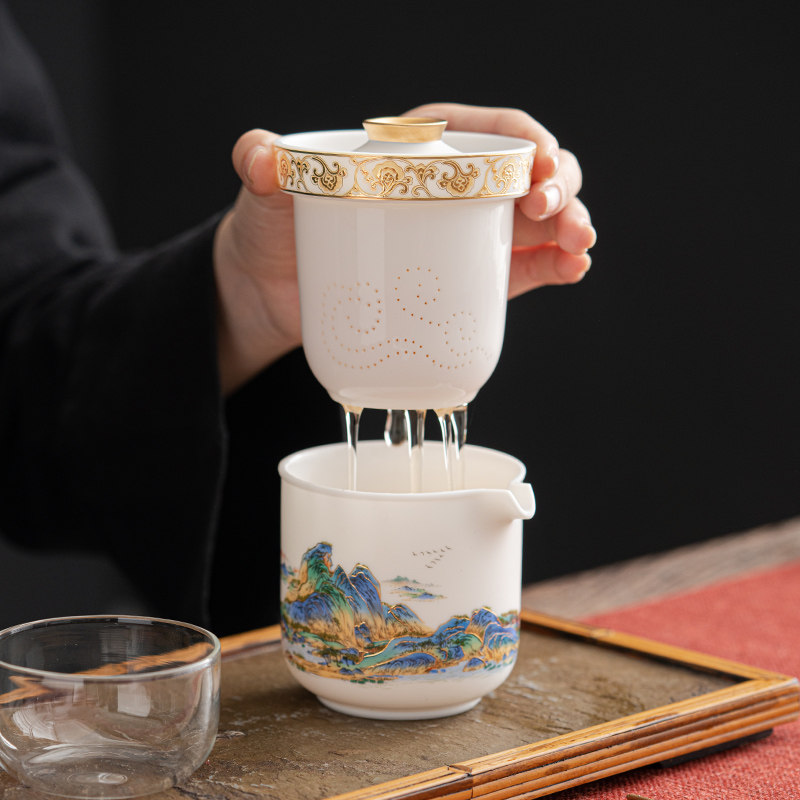 唐舍高端中国风旅行茶具套装羊脂玉瓷白瓷快客杯一壶三杯便携式