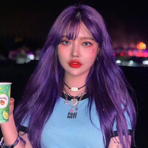 网红假发女长发日常冷紫色长直发ylolita藏蓝色红空气刘海彩色发