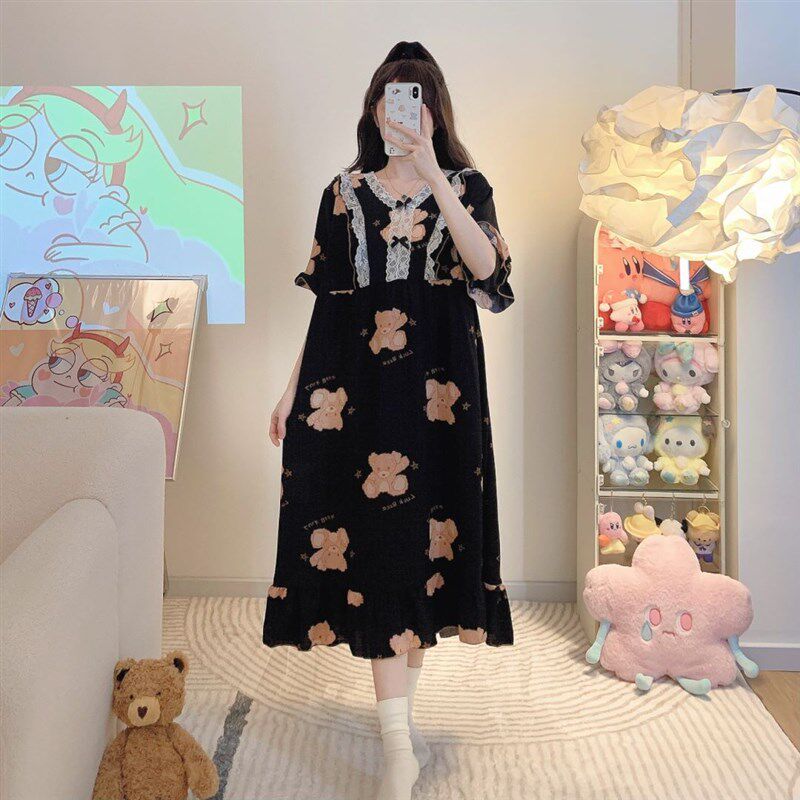 夏季外穿家居服可爱印花连衣睡裙甜美薄款中长款女R胖MM200斤宽松