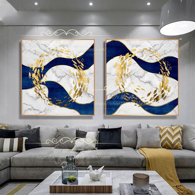 金黄色如鱼得水j晶瓷画年年有余装饰画群鱼正方形2幅铝合金框挂画
