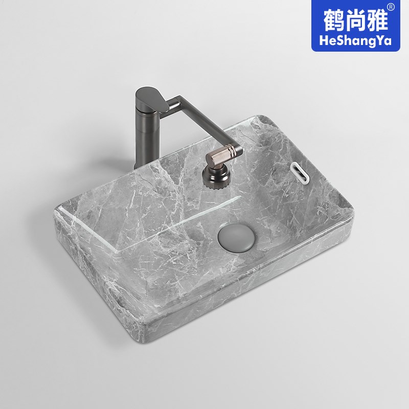 侧下水台中盆半嵌入式灰s色纹洗手盆方形椭圆小尺寸家用陶瓷洗脸
