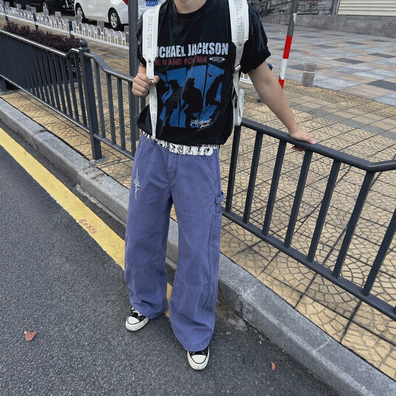 PMY「血刃玫瑰」鼹鼠皮蓝色水洗做旧刺绣马毛a字阔腿法工裤