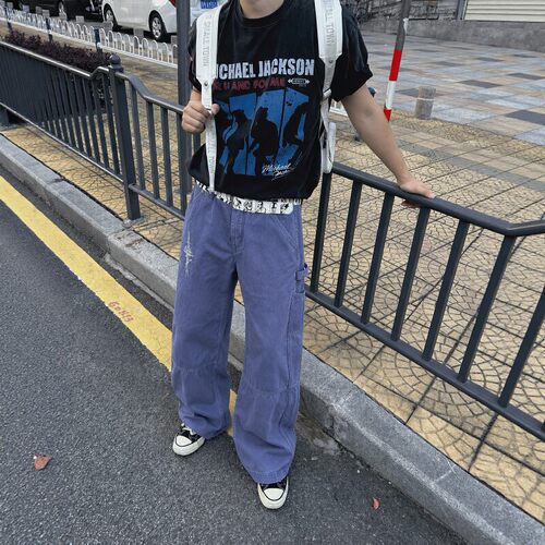 PMY「血刃玫瑰」鼹鼠皮蓝色水洗做旧刺绣马毛a字阔腿法工裤