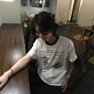 PMY「航行日记」贴布邮票罗盘印花短袖拼色短宽vintage