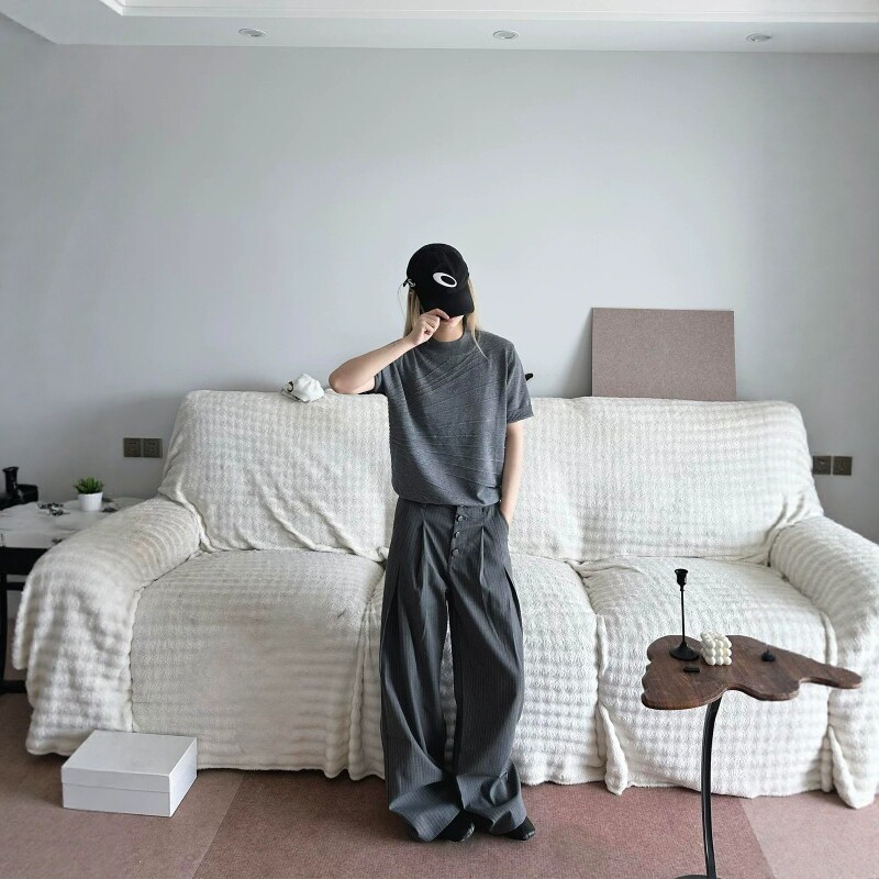 PMY cleanfit TR混纺暗纹竖条排扣双褶通勤日常休闲西裤百搭男女
