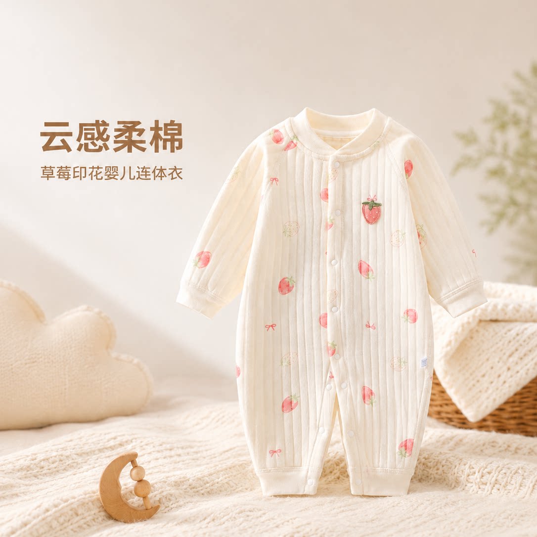 棉婴儿连体衣草莓印花长袖保暖舒适超萌可爱宝宝儿童家居服连体衣
