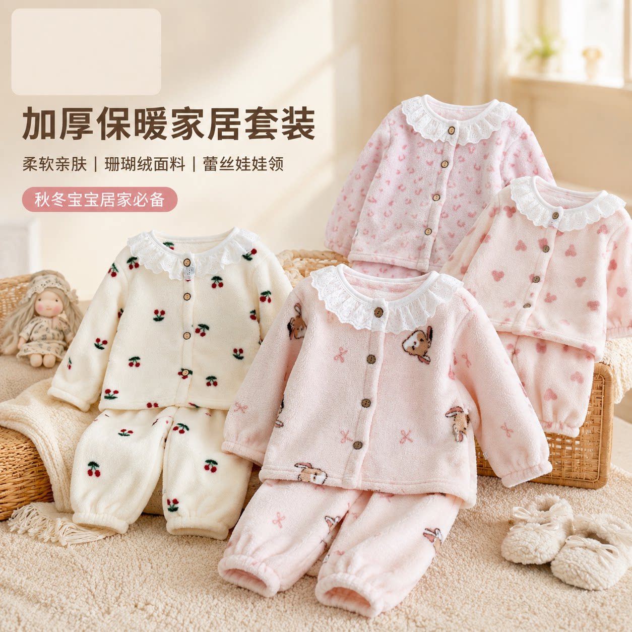 儿童家居服女童珊瑚绒家居服套装秋冬加厚保暖卡通睡衣蕾丝花边