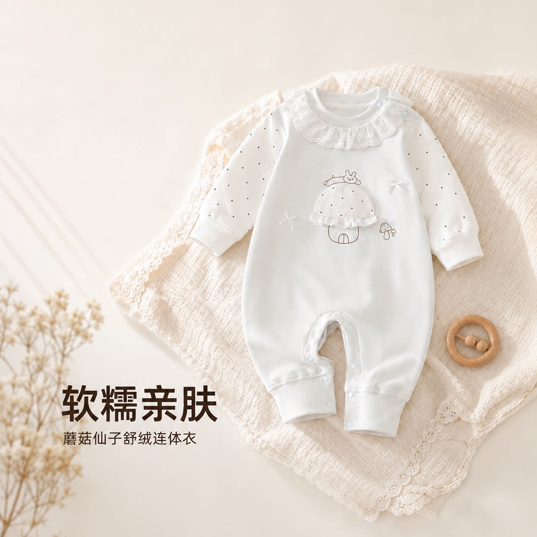蘑菇印花连体衣婴儿长袖荷叶边领爬服新生儿哈衣儿童家居服连体衣