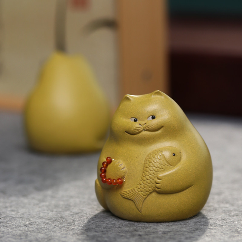 畅壶紫砂茶宠摆件精品可养茶玩礼品可爱猫咪抱鱼年年有余茶桌摆饰