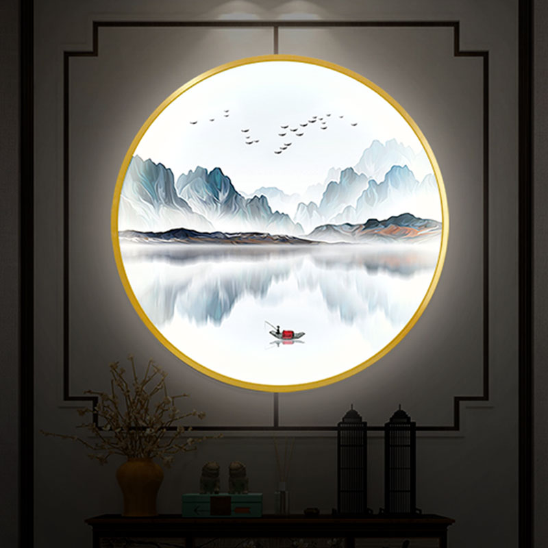 通体全面发光带灯装饰画新中式客厅入户玄关挂画圆形LED灯箱壁画