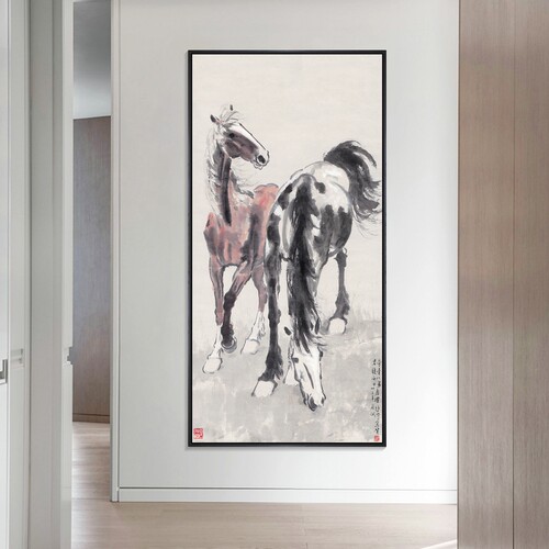 马到成功挂画玄关画马徐悲鸿装饰画骏马奔马图大气客厅过道壁画竖