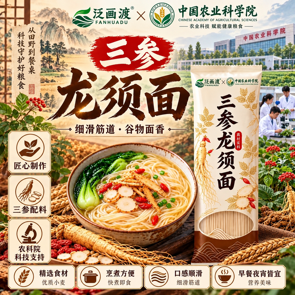农科院三参龙须面党参人参西洋参龙须面营养速食劲道汤面条旗舰店