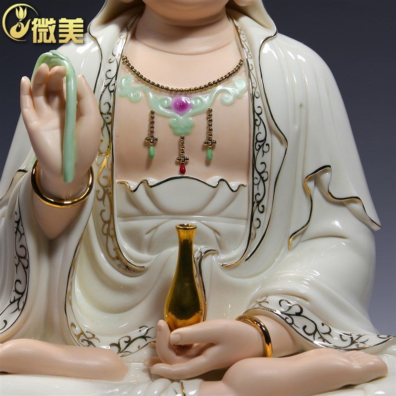 德化陶瓷12寸彩绘观音佛像 家用保平安中式艺术陶瓷摆件 人物造型
