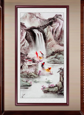 流水生财玄关装饰画国画山水画客厅挂画中式走廊过道旭日东升壁画