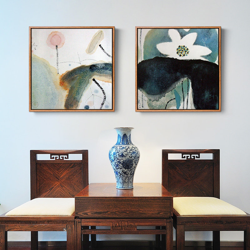 新中式客厅装饰画入户玄关画餐厅卧室挂画荷花抽象画沙发背景墙画