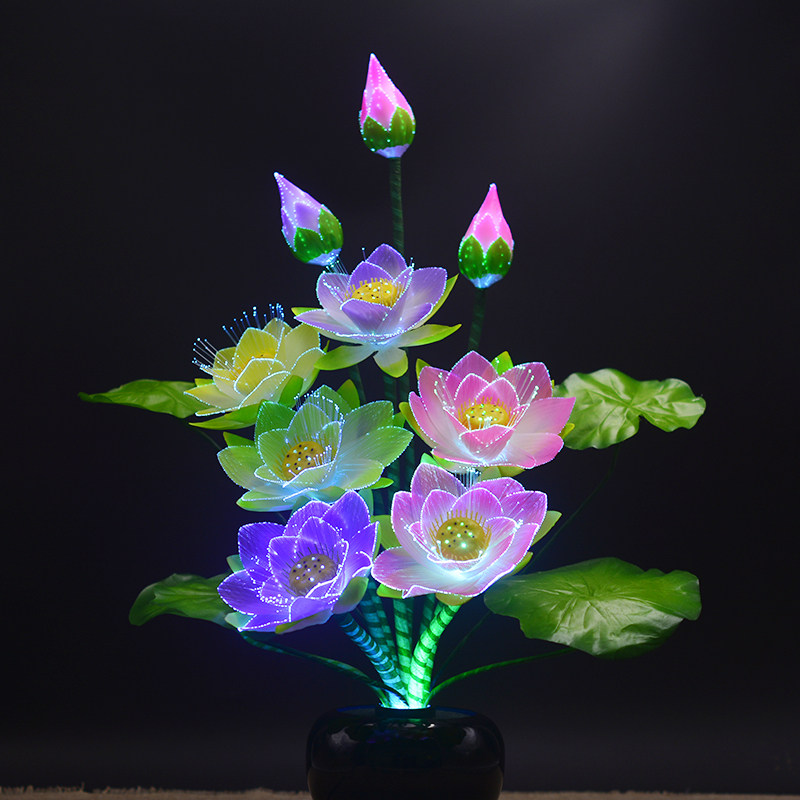 佛前花灯盆栽摆设盆景花七彩家居光纤荷花灯供灯LED莲花灯佛供灯