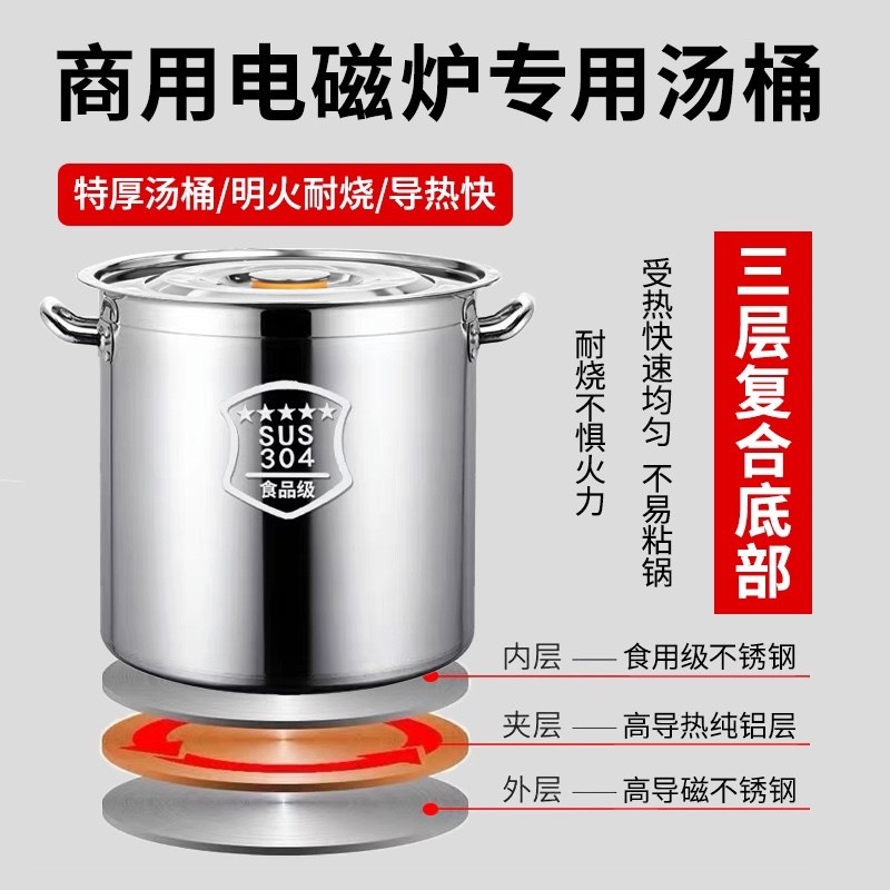 商用电磁炉带磁汤桶304材质熬高汤锅烧开水圆桶U带盖加厚不锈钢