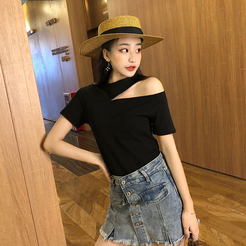 一字肩不规则短袖女夏镂