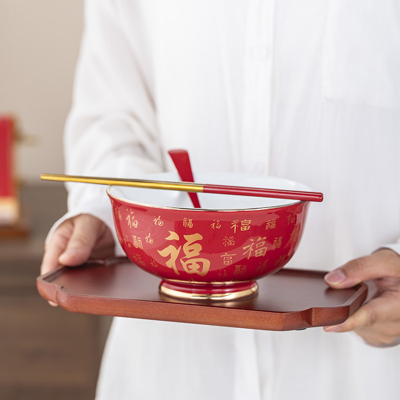百福碗 大面碗定制寿碗定制生日老人陶瓷红碗寿辰V寿宴答谢回礼品