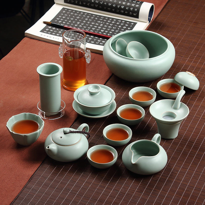 汝窑功夫茶具套装 陶瓷茶壶茶杯盖碗礼品简约家用客厅泡茶壶整套