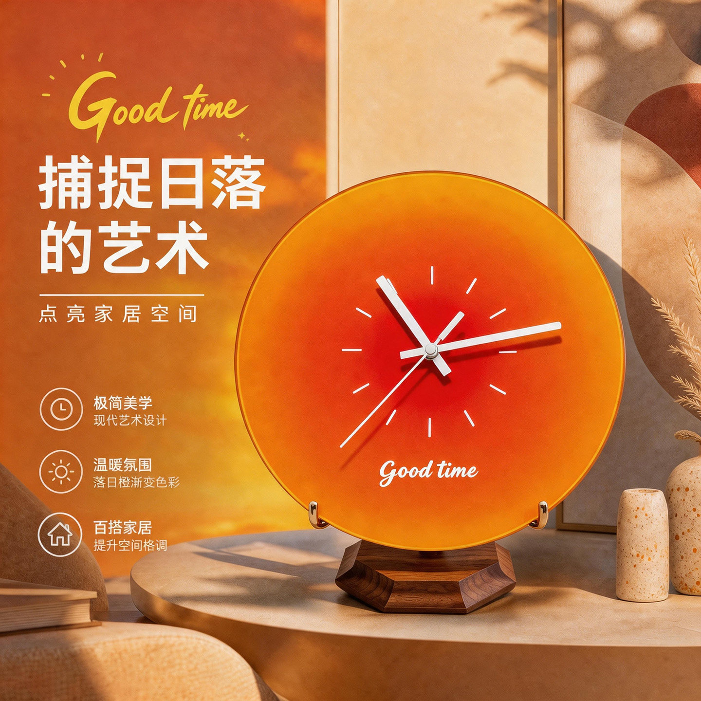 中古风复古日落黄桌面时钟摆件客厅电视柜玄关极简高级装饰座钟