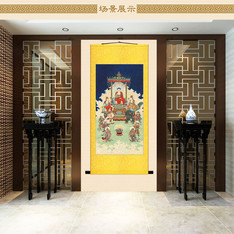 弥勒佛画像 天冠弥勒菩萨佛像画 绢布卷轴挂画装饰画来图定制订做
