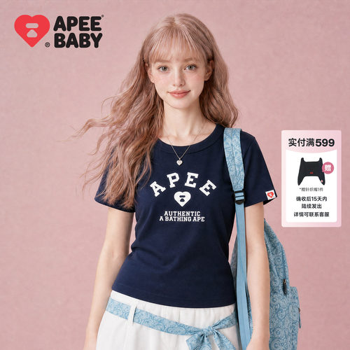 APEE藏青色爱心字母印花短袖女