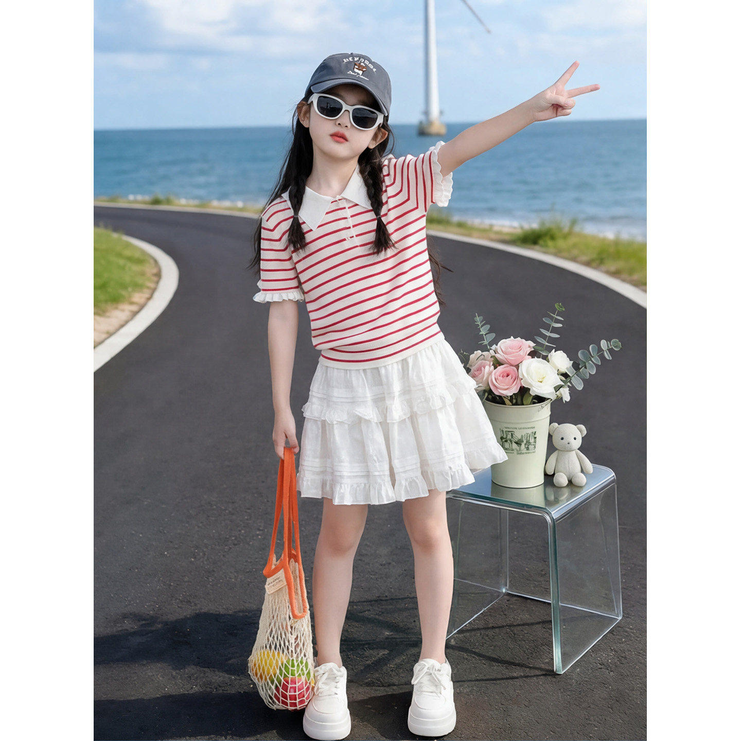 女童学院风夏装套装2026新款初中生韩系甜美百褶裙儿童夏季两件套