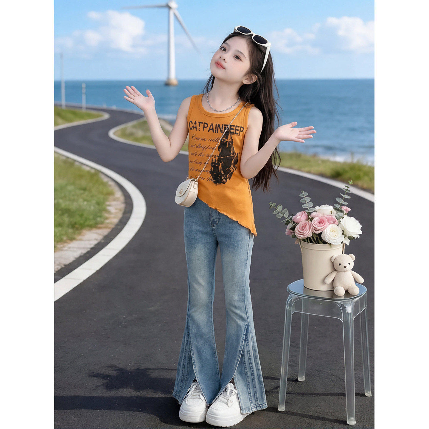 女童不规则斜边美式吊带背心抽工装裤夏季开叉喇叭裤儿童潮服套装