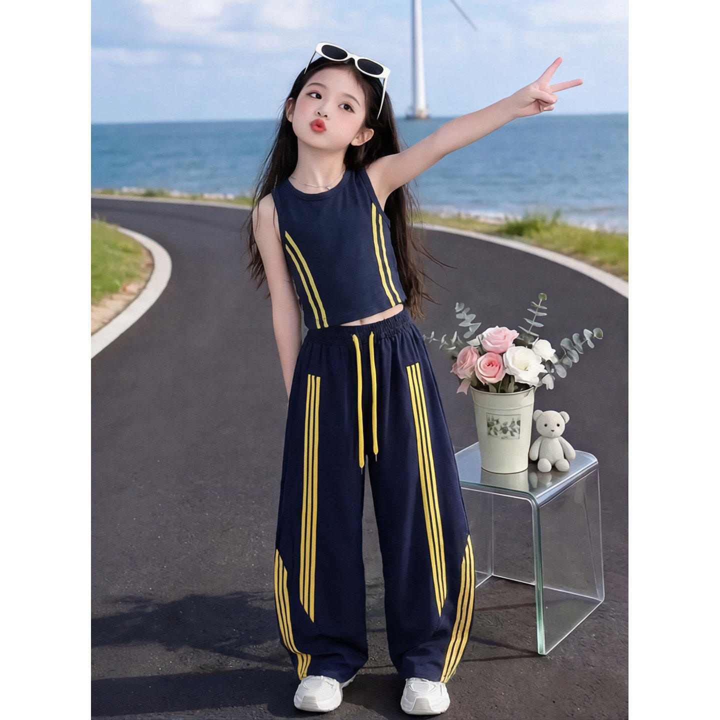 女童夏季休闲套装2026新款韩版洋气时髦女孩无袖背心阔腿裤两件套