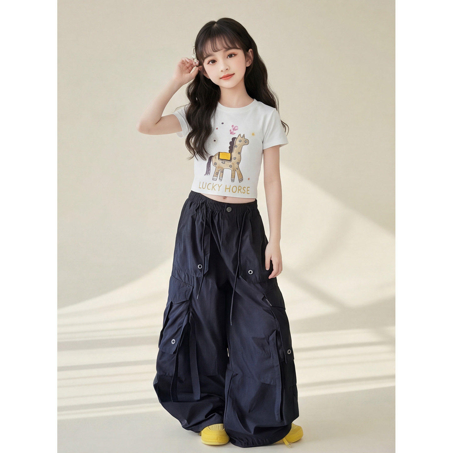女童白工装裤夏季2026新款中大童阔腿裤短袖套装薄款儿童夏装裤子