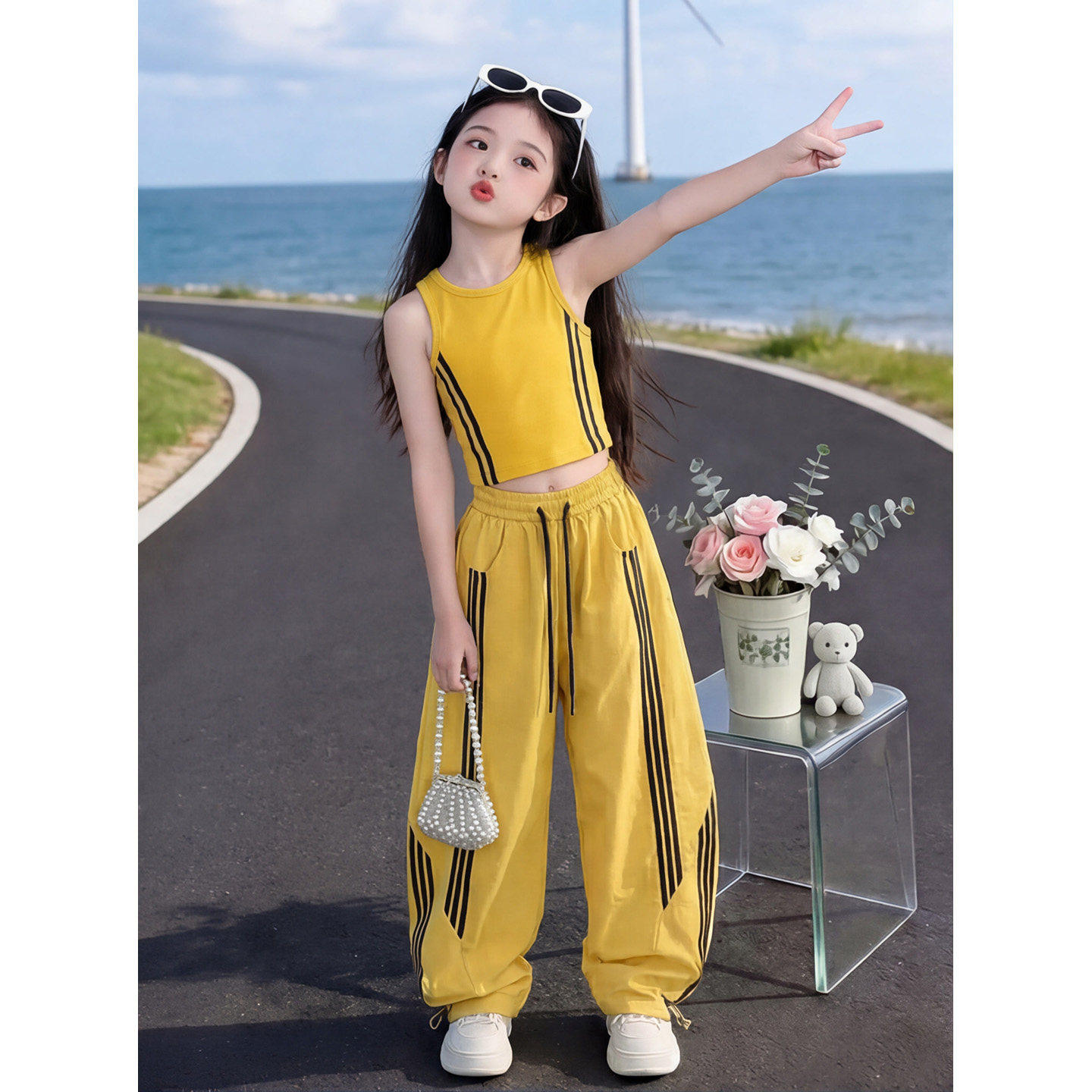 女童夏季休闲套装2026新款韩版洋气时髦女孩无袖背心阔腿裤两件套