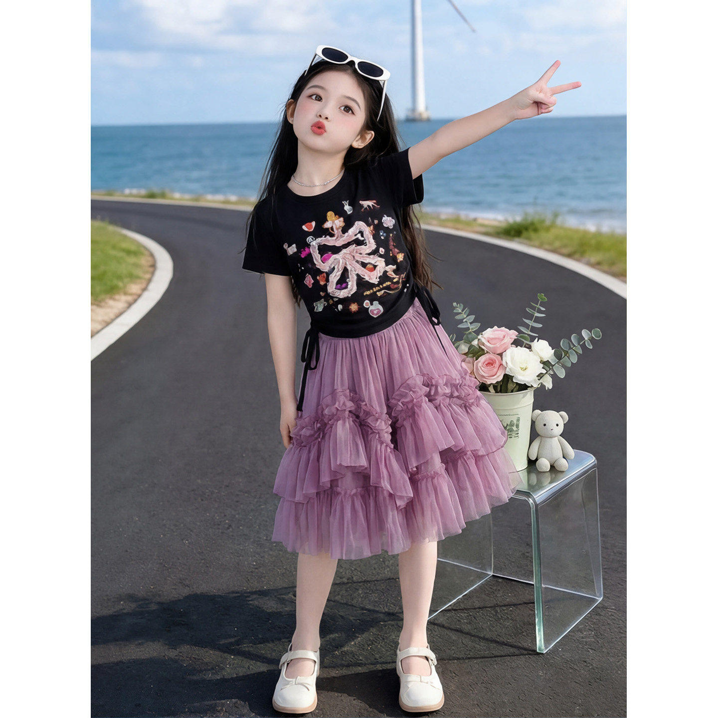 女童裙子套装夏季2025新款抽绳