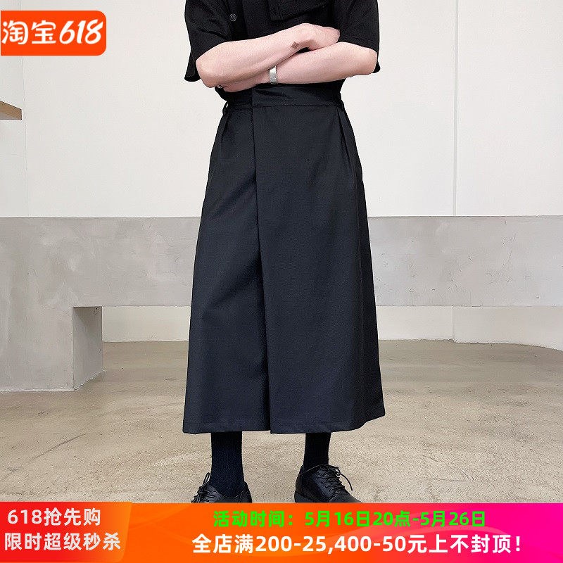 夏季山本暗黑小众不对称阔腿八分裤男发V型师工装裙裤