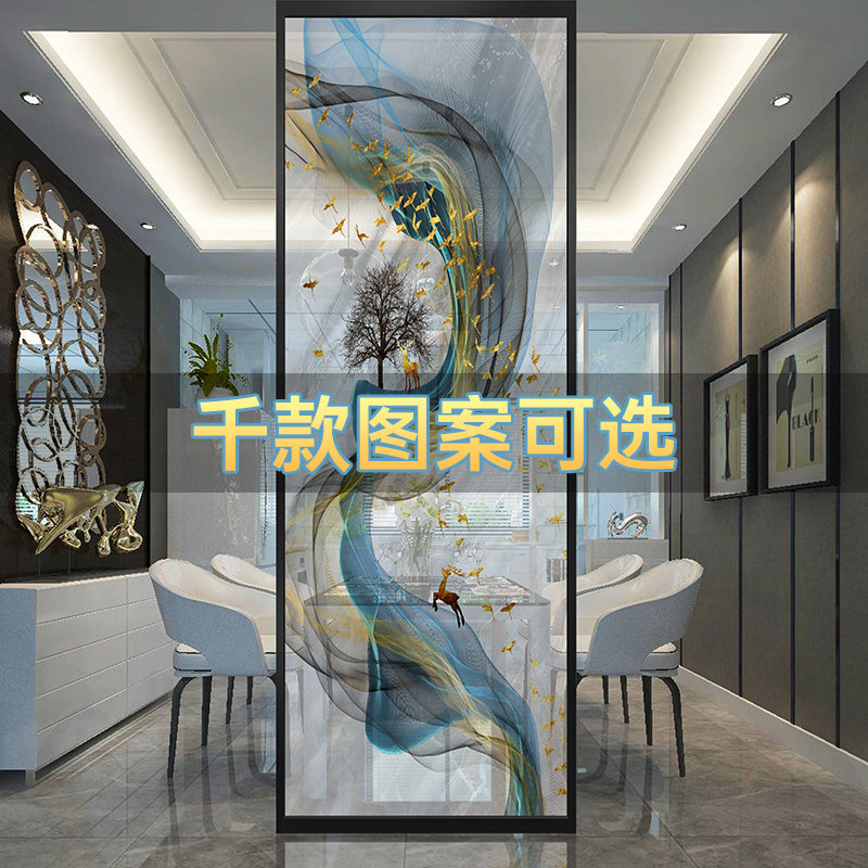 酒店不锈钢夹丝玻璃屏风隔断客厅玄关H简约移门拉门艺术玻璃定制