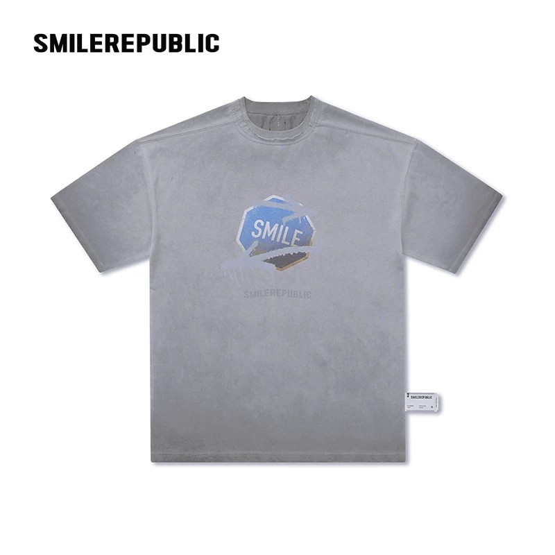 【限时捡漏】SMILEREPUBLIC复古反缝结构水洗做旧路牌印花T恤