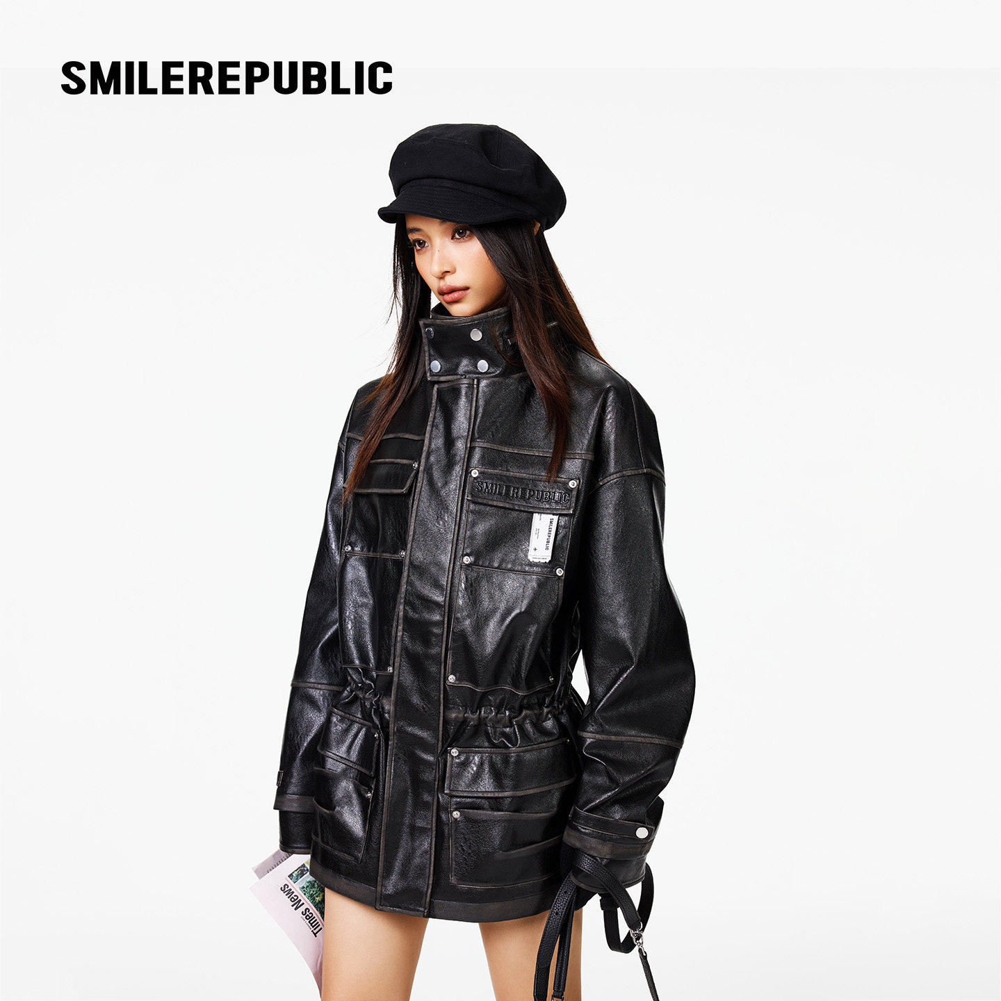SMILEREPUBLIC黑色工装PU皮外套