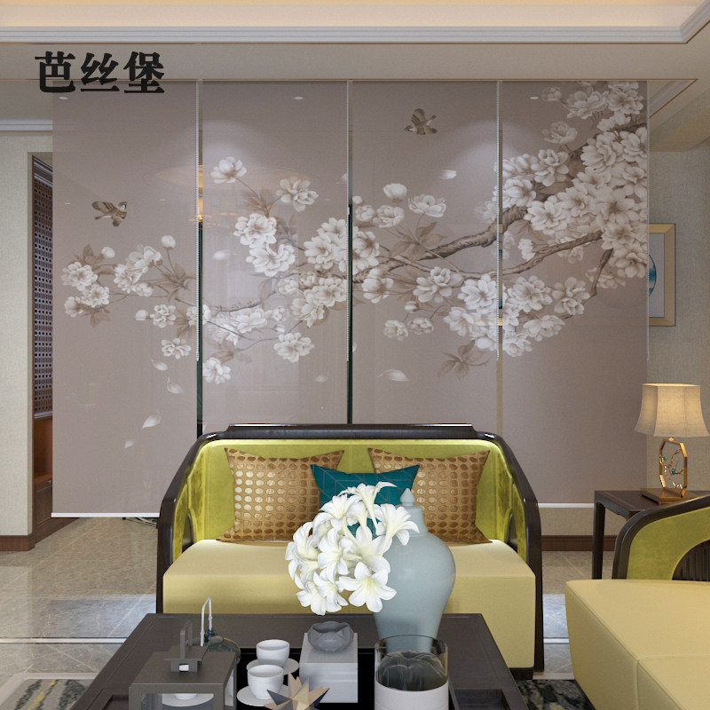 中式软屏风悬挂软隔断客厅窗x帘茶室卧室收缩半透明卷帘电动飘窗