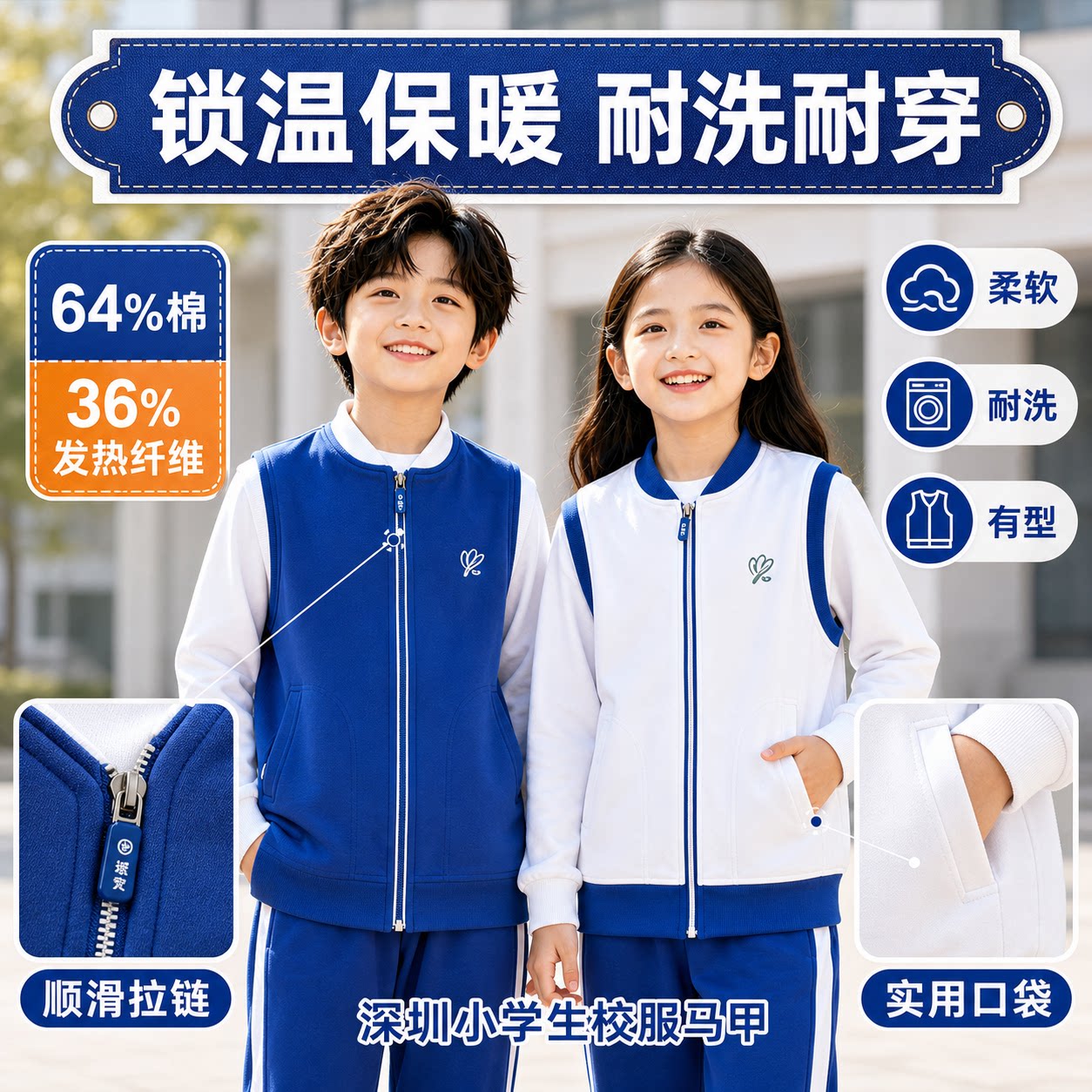 深圳小学生统一校服马甲秋季运动外套户外防风马夹冬季加绒加厚装