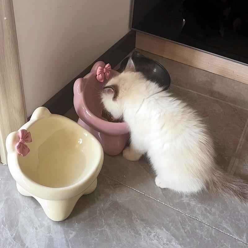 蝴蝶结陶瓷猫咪碗增高架防黑下巴猫食盆大口径防外溅慢食碗狗狗碗