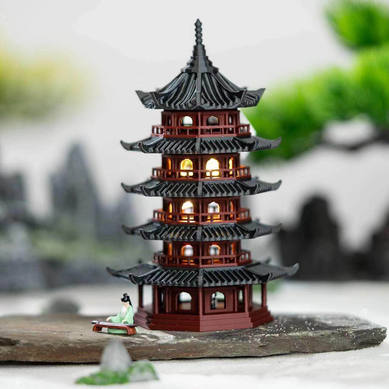 玲珑宝塔微景观假山凉亭吸水石水陆缸盆景彷古假山古建筑摆件