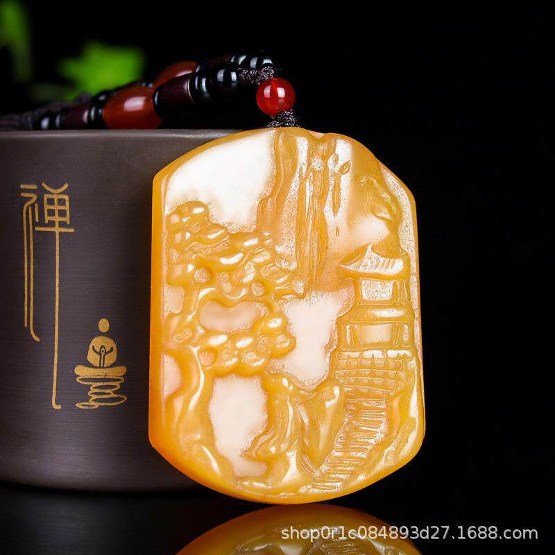 云南黄龙玉山水牌挂件男士意境山水玉牌大号挂件老黄玉山水玉挂牌