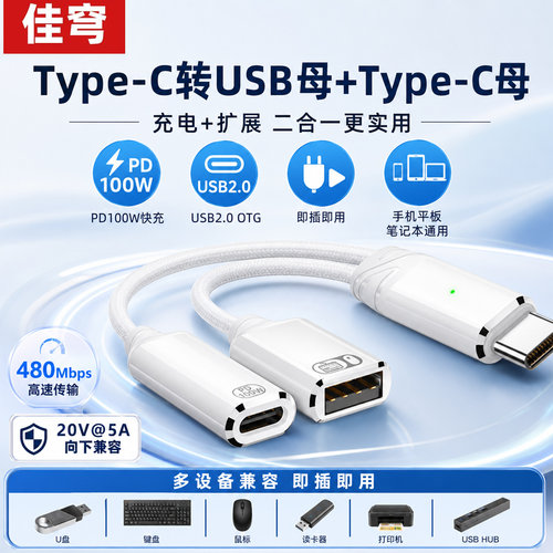 OTG转Type-C一分二充电转接头