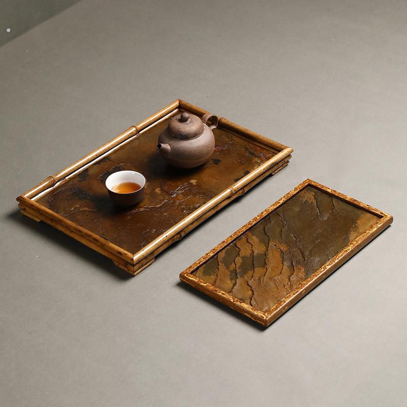 竹制石面茶盘岩石台面壶承干泡台茶具收纳盘梅鹿竹干泡盘茶道配件