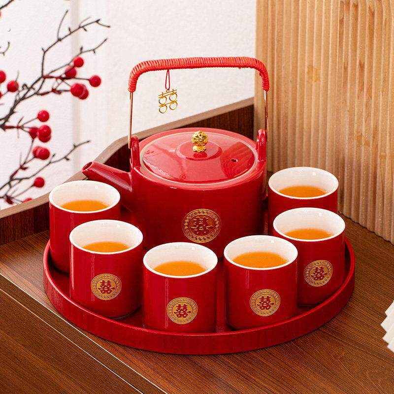 婚礼茶具喜庆茶壶套装礼品新婚夫妇换口订婚茶杯红色结婚聘礼伴侣