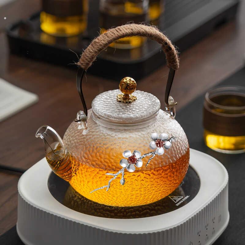 玻璃泡茶壶2024新款茶具提梁烧水壶锤纹家用高档黑晶炉围炉煮茶器