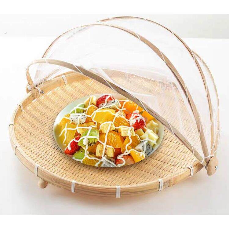 可折叠手工筛子防蚊虫纱网晾晒簸箕农家蔬菜馒头圆筐竹编制品菜罩