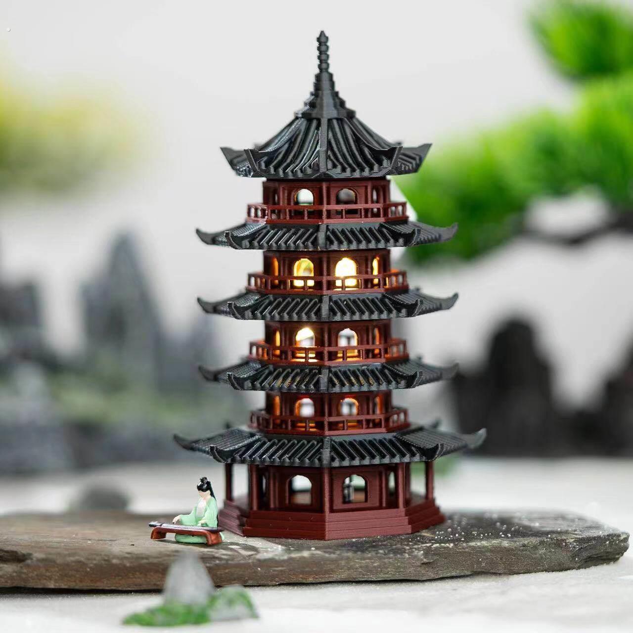 玲珑宝塔微景观假山凉亭吸水石水陆缸盆景彷古假山古建筑摆件